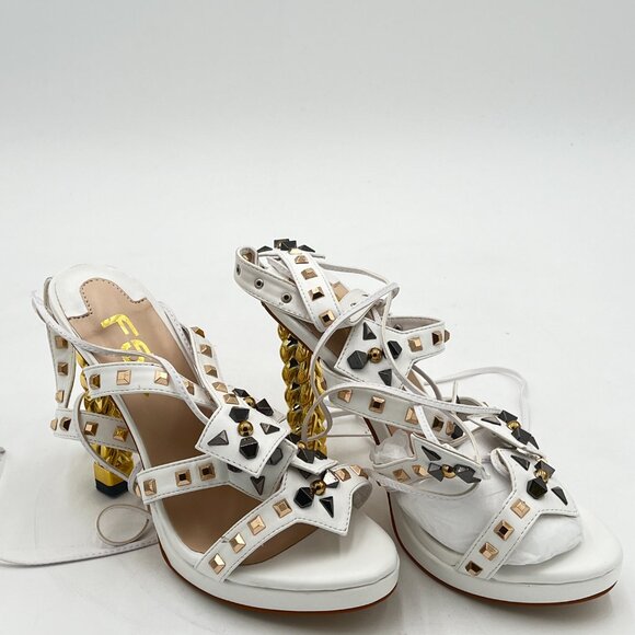 FSJ Ivory Gold Metal Chain Thick High Heel Open Toe Strappy Ankle Buckle Sandals - Picture 4 of 8